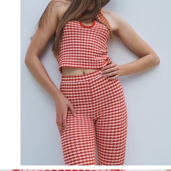 Zara Retro High Waisted Knitted Pants Red White Gingham Size S - Picture 2 of 3